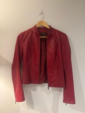 Danier Red Leather Fitted Zip Jacket